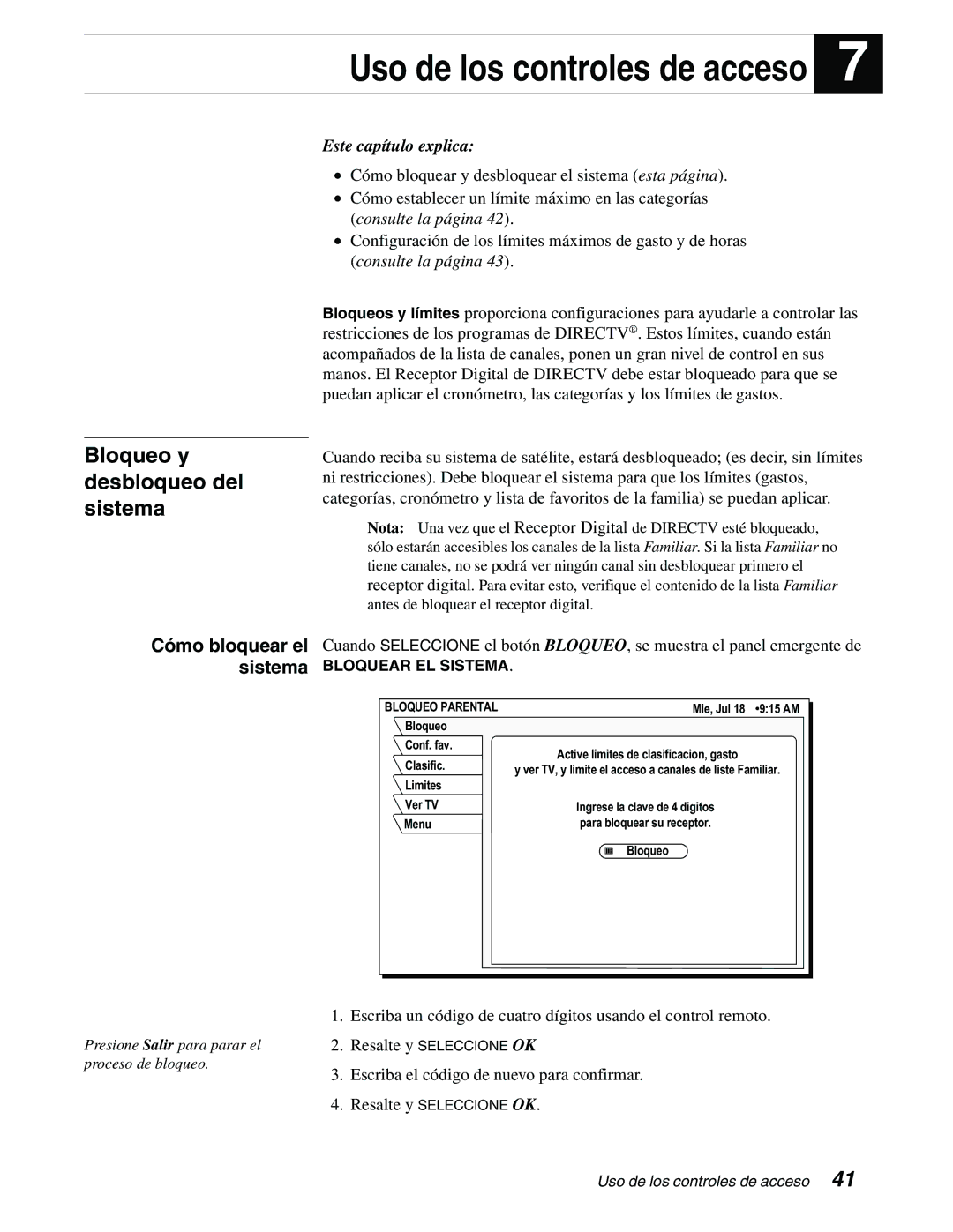 DirecTV GAEB0, GCEB0 manual Uso de los controles de acceso, Bloqueo y desbloqueo del sistema 