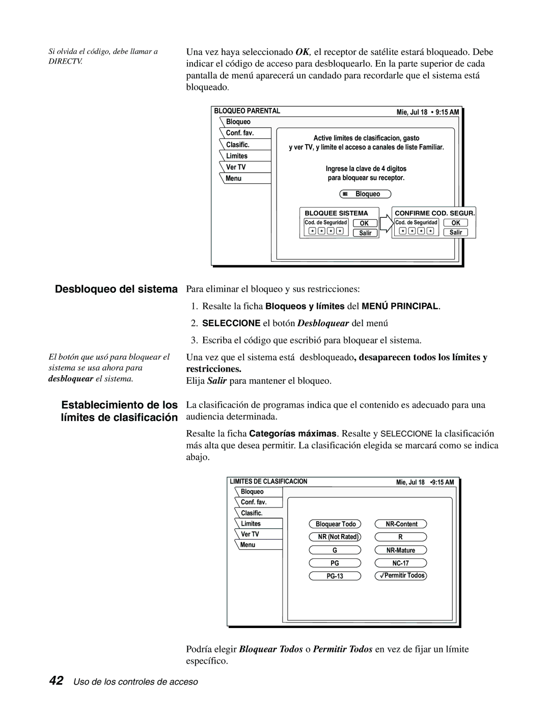 DirecTV GCEB0, GAEB0 manual Desbloqueo del sistema, Establecimiento de los límites de clasificación, Restricciones 