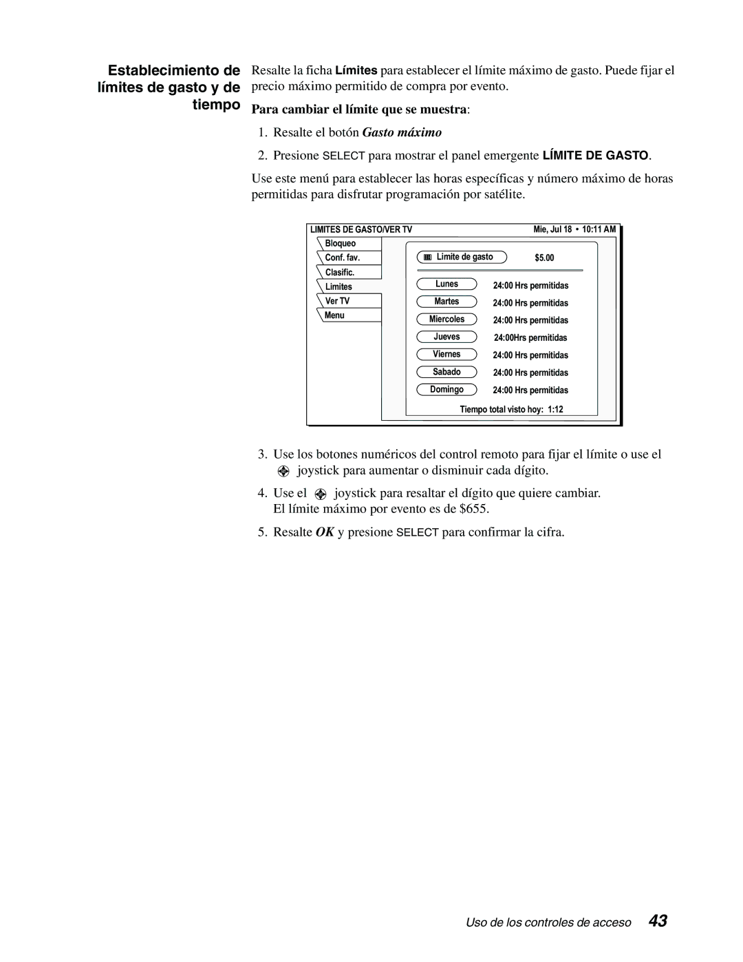 DirecTV GAEB0, GCEB0 manual Establecimiento de límites de gasto y de tiempo, Para cambiar el límite que se muestra 