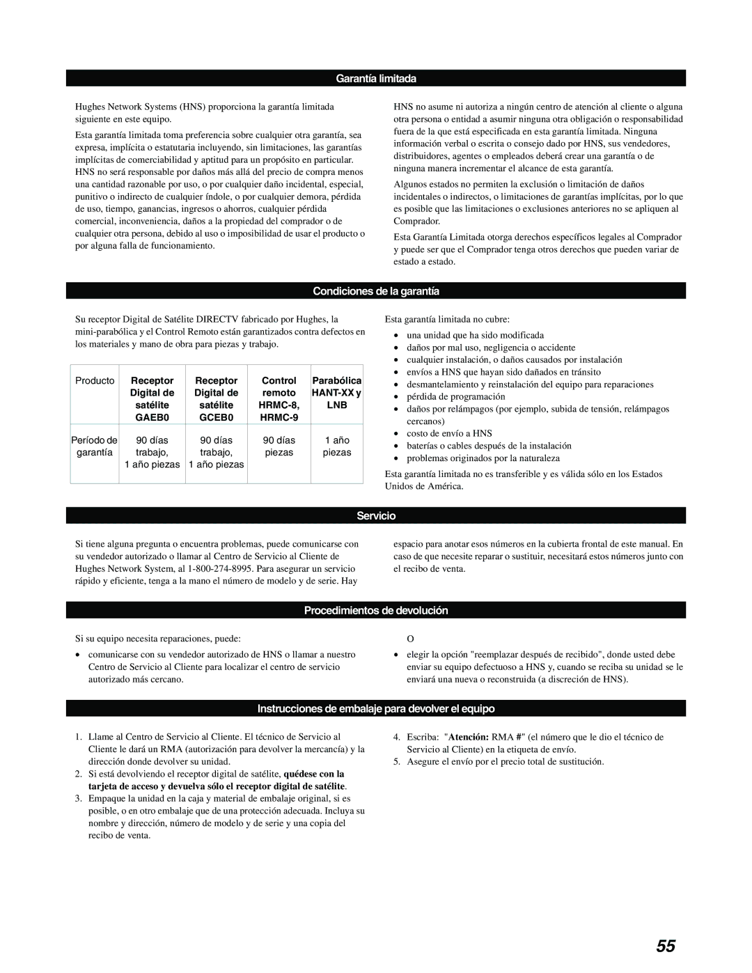 DirecTV GAEB0, GCEB0 manual Garantía limitada 