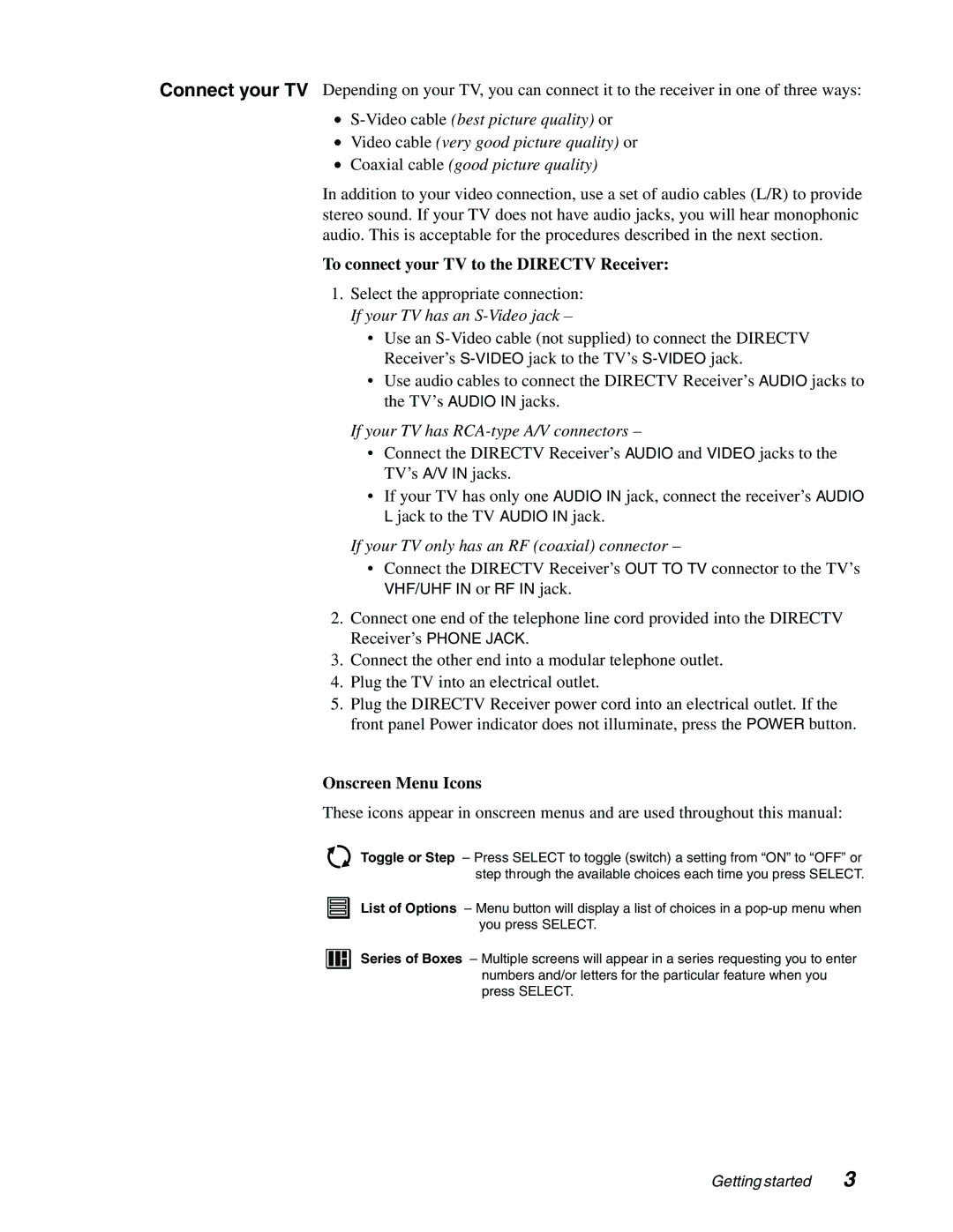 DirecTV GAEB0, GCEB0 manual To connect your TV to the Directv Receiver, Onscreen Menu Icons 