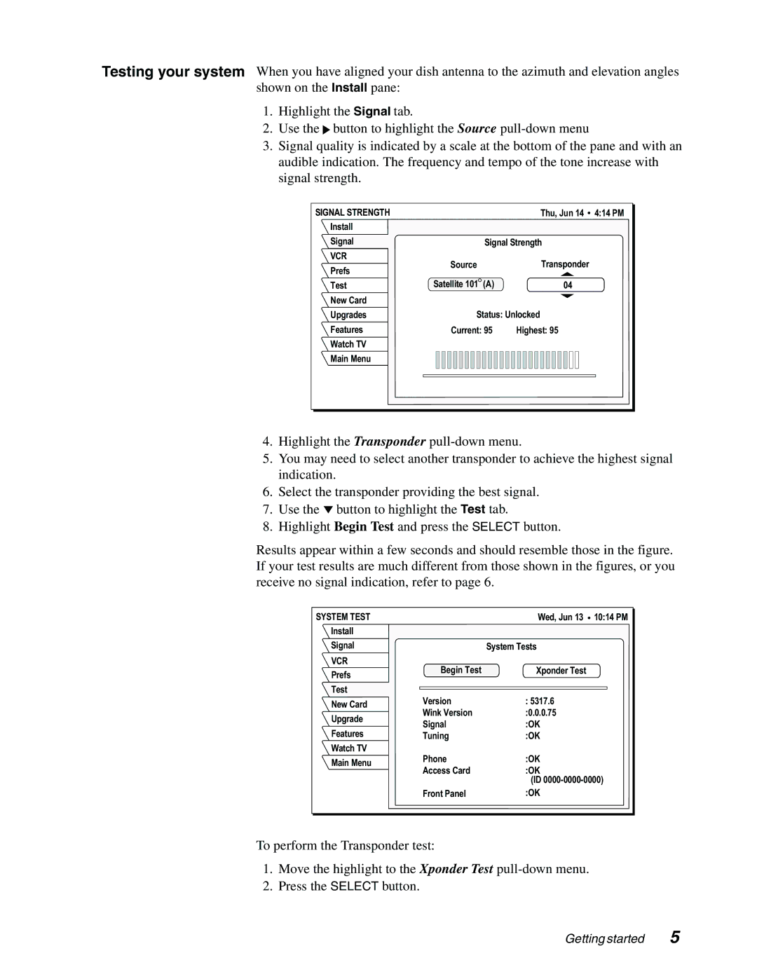 DirecTV GAEB0, GCEB0 manual Signal Strength, System Test 