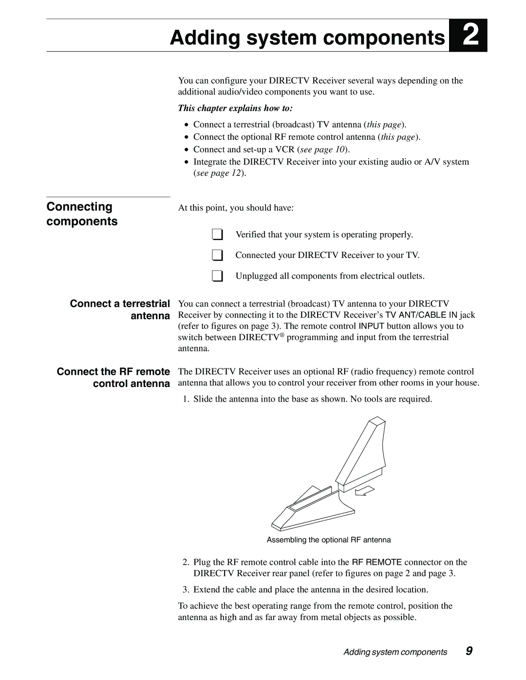 DirecTV GAEB0, GCEB0 Adding system components, Connecting components, Connect a terrestrial antenna, Connect the RF remote 