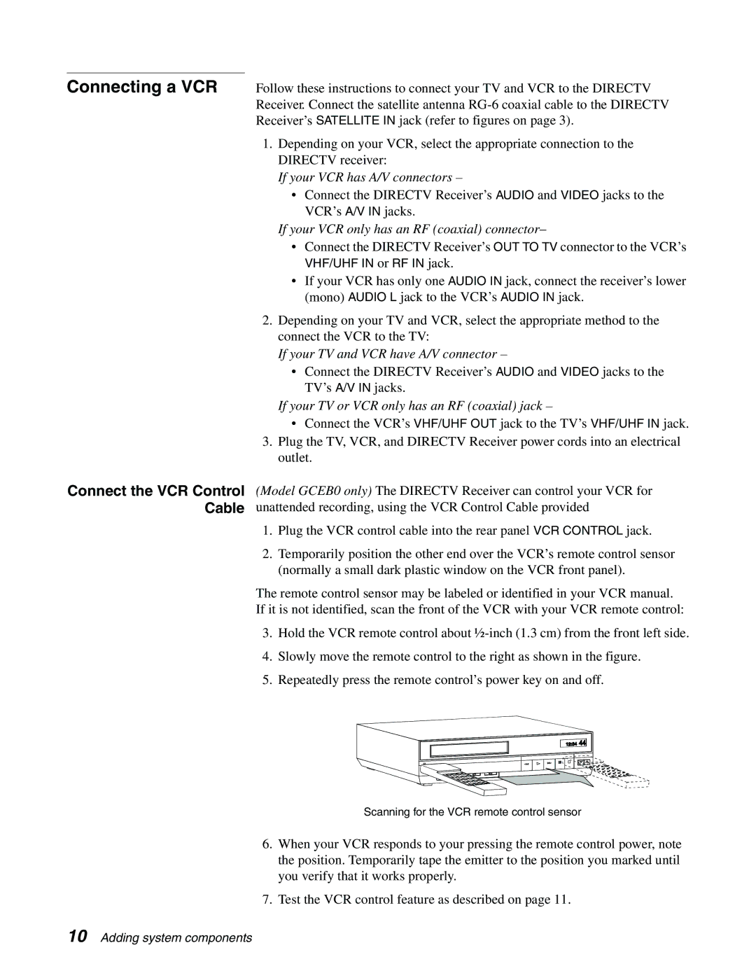 DirecTV GCEB0, GAEB0 manual Connecting a VCR, Connect the VCR Control Cable 