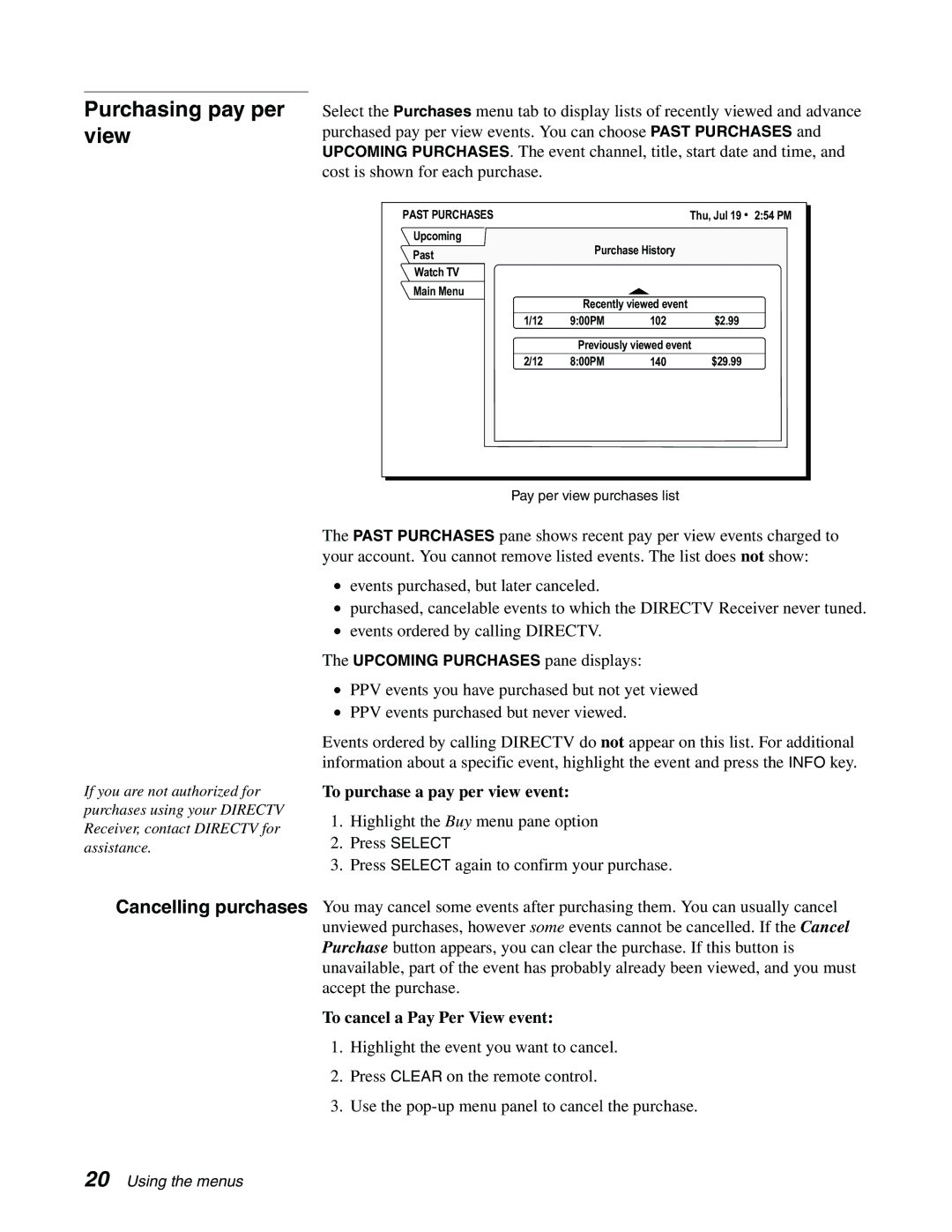 DirecTV GCEB0, GAEB0 manual Purchasing pay per view, Cancelling purchases, To purchase a pay per view event, Past Purchases 