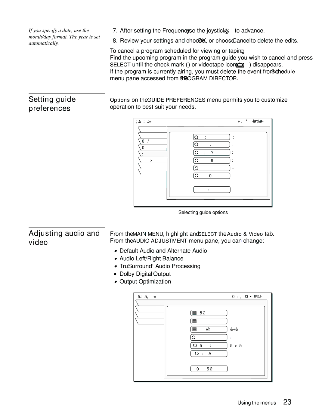 DirecTV GAEB0 Setting guide preferences, Adjusting audio and video, To cancel a program scheduled for viewing or taping 