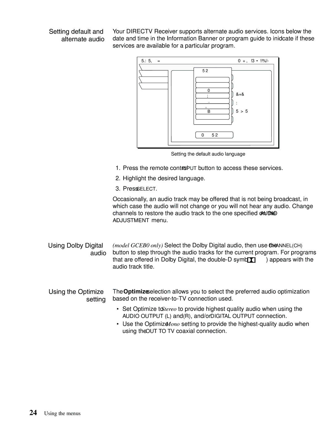 DirecTV GCEB0, GAEB0 manual Using Dolby Digital audio Using the Optimize setting 