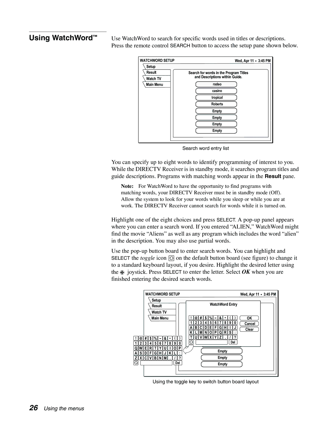 DirecTV GCEB0, GAEB0 manual Using WatchWord, Watchword Setup 