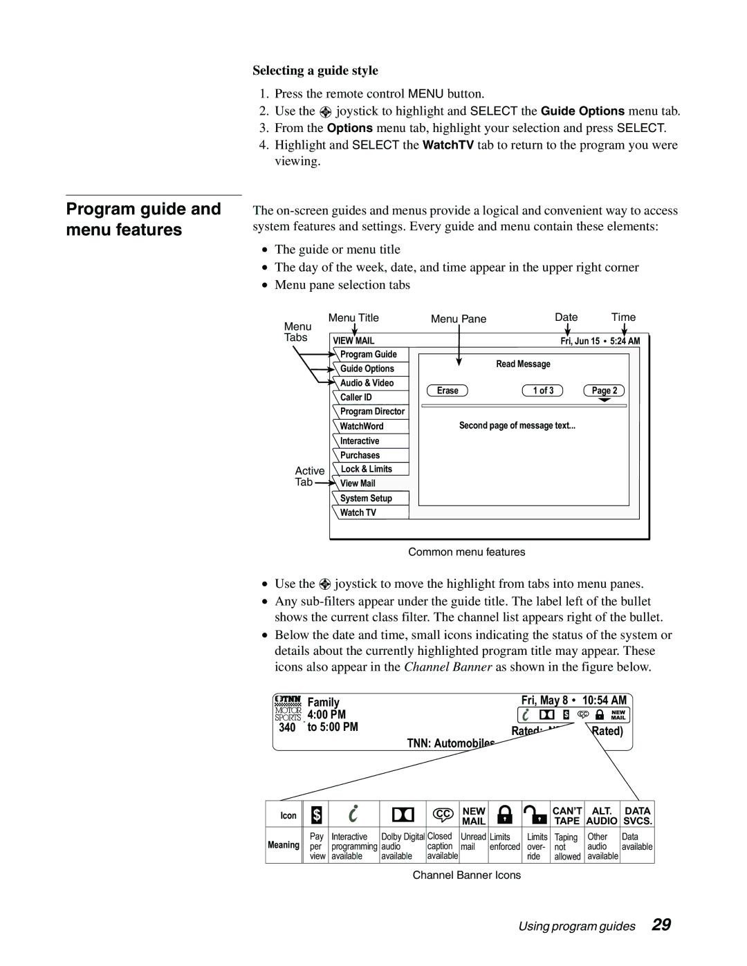 DirecTV GAEB0, GCEB0 Program guide and menu features, Selecting a guide style, NEW CAN’T ALT Data Mail Tape Audio Svcs 