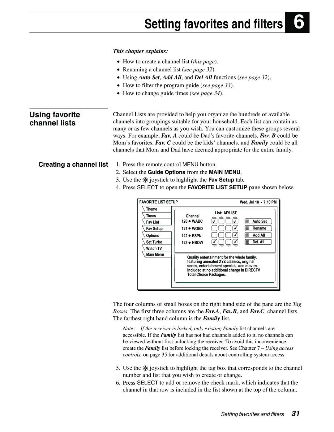 DirecTV GAEB0, GCEB0 manual Setting favorites and filters, Using favorite channel lists 