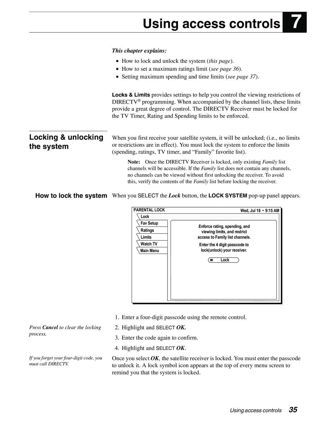 DirecTV GAEB0, GCEB0 manual Using access controls, How to lock the system, Parental Lock 