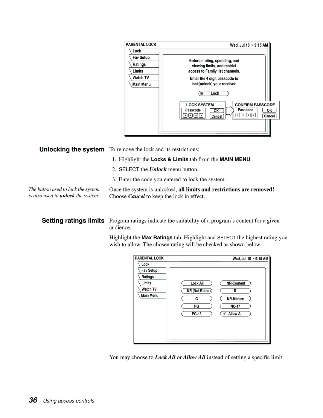 DirecTV GCEB0, GAEB0 manual Unlocking the system, Setting ratings limits 