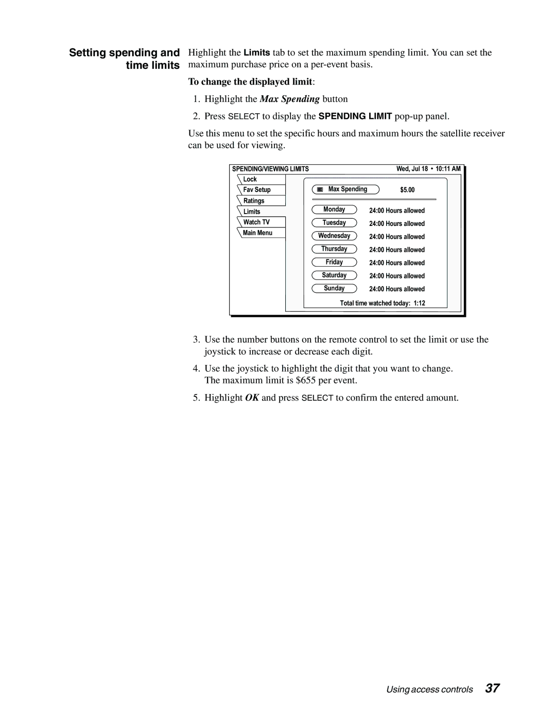 DirecTV GAEB0, GCEB0 manual Setting spending and time limits, To change the displayed limit 