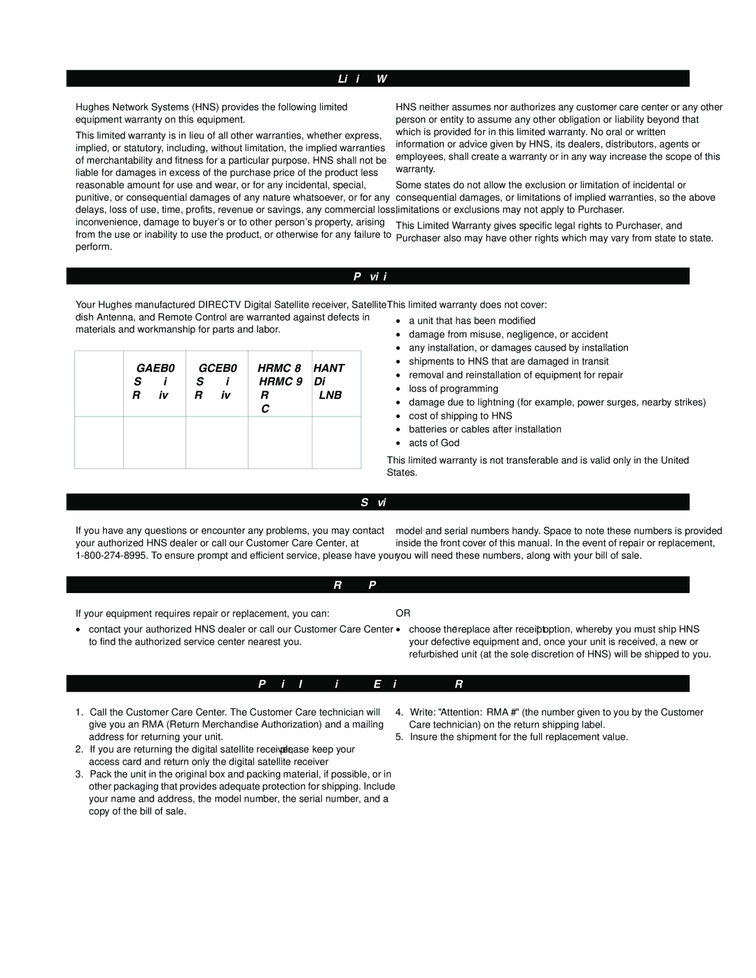 DirecTV manual GAEB0 GCEB0 HRMC-8 HANT-XX 