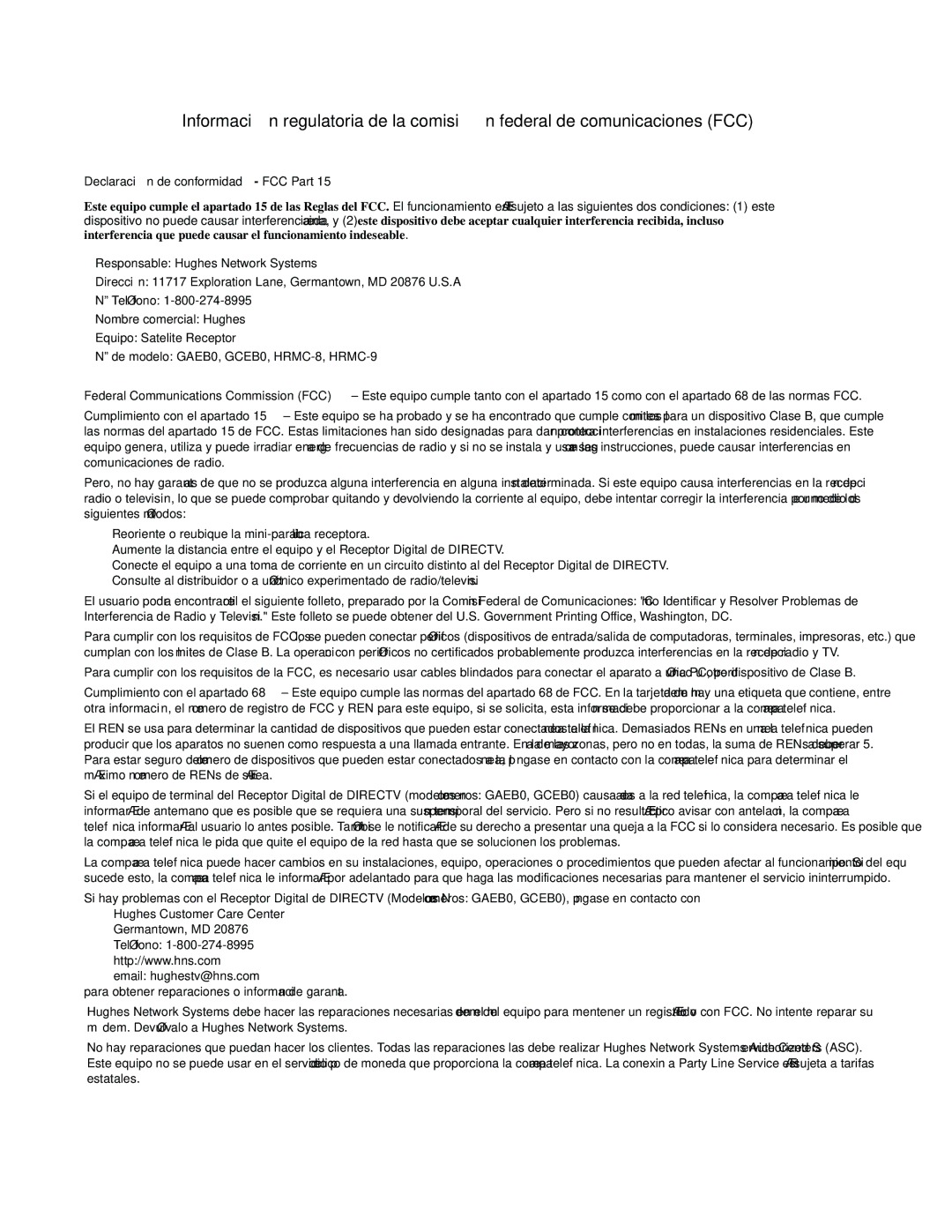 DirecTV GCEB0, GAEB0 manual Declaración de conformidad FCC Part 