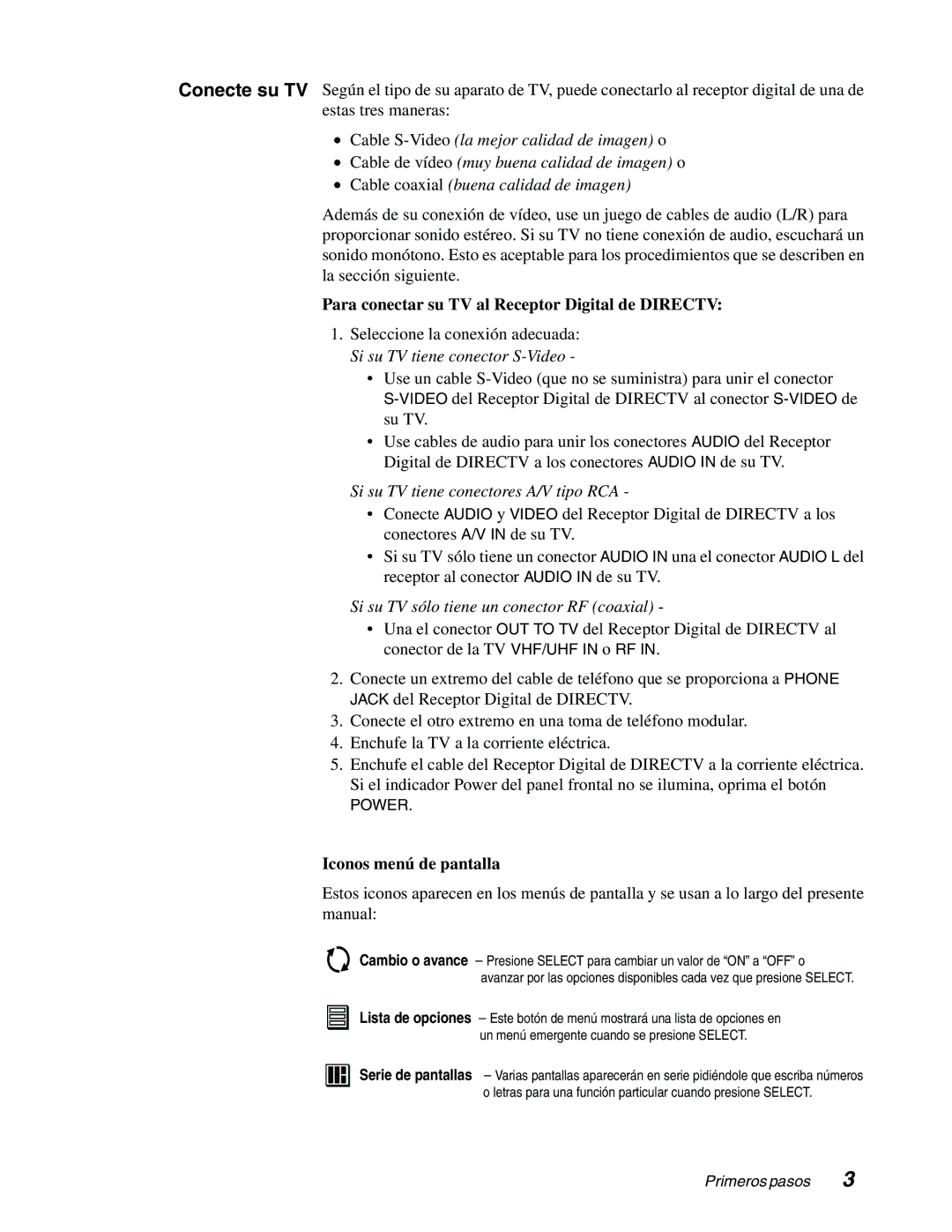 DirecTV GAEB0, GCEB0 manual Para conectar su TV al Receptor Digital de Directv, Iconos menú de pantalla 