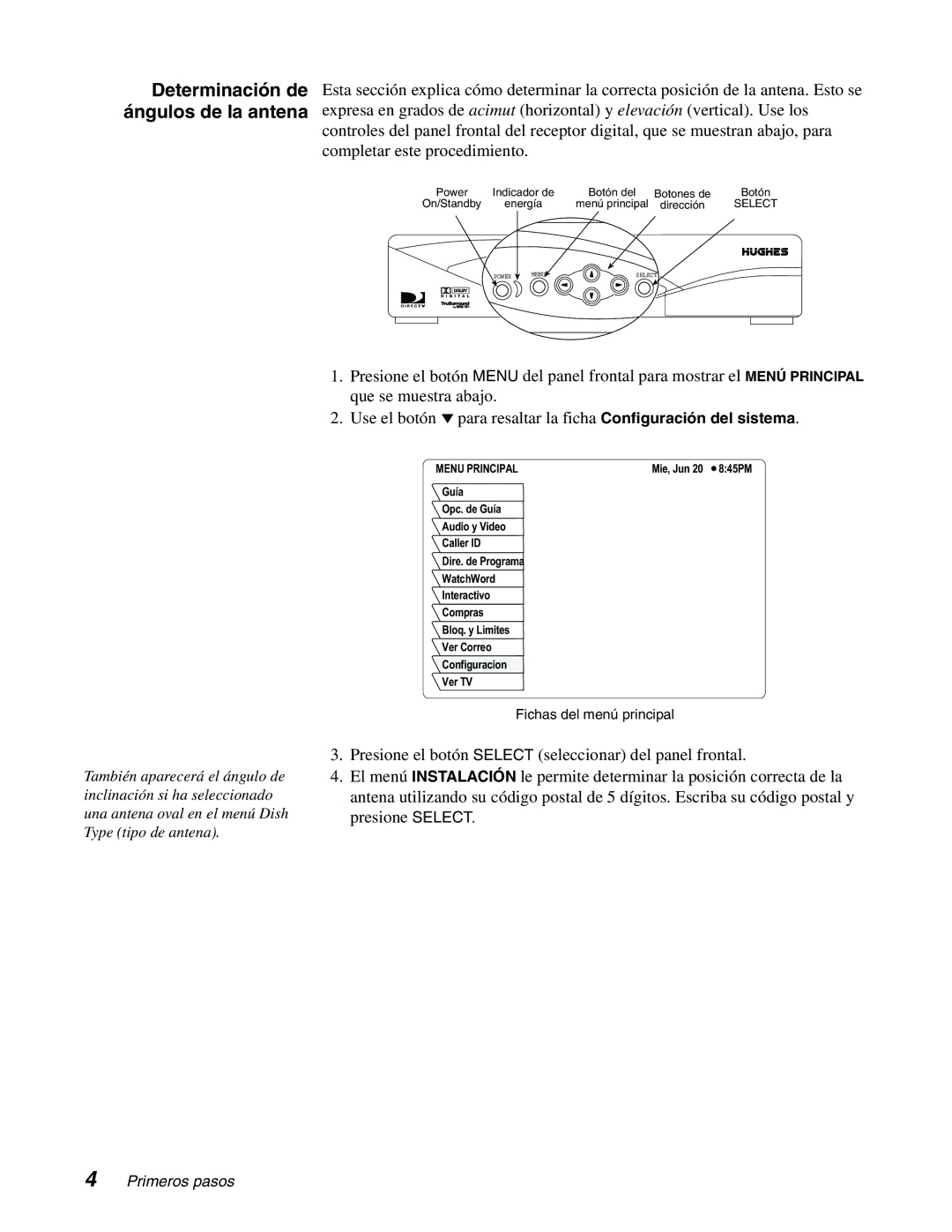 DirecTV GCEB0, GAEB0 manual Determinación de ángulos de la antena, Menu Principal 