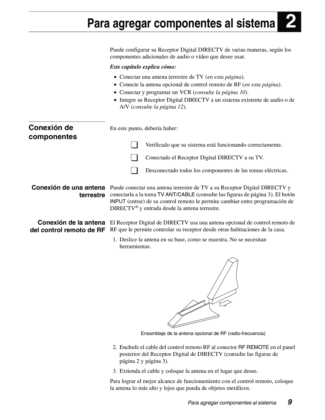 DirecTV GAEB0, GCEB0 manual Para agregar componentes al sistema, Conexión de la antena del control remoto de RF 