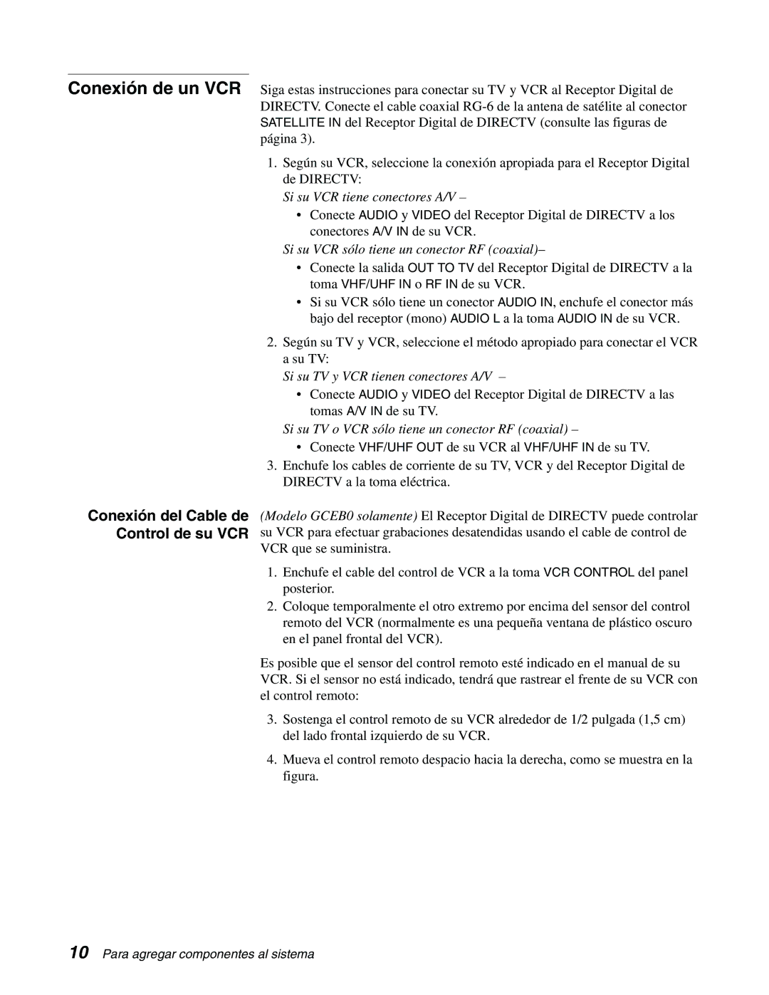 DirecTV GCEB0, GAEB0 manual Conexión del Cable de Control de su VCR 