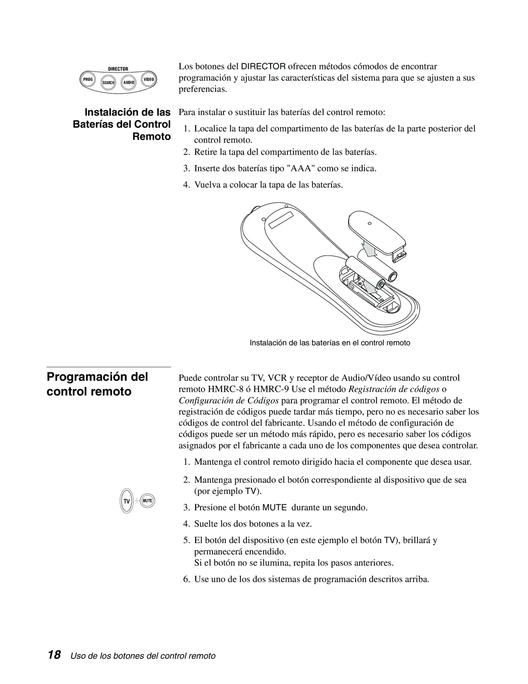 DirecTV GCEB0, GAEB0 manual Programación del control remoto, Instalación de las Baterías del Control Remoto 