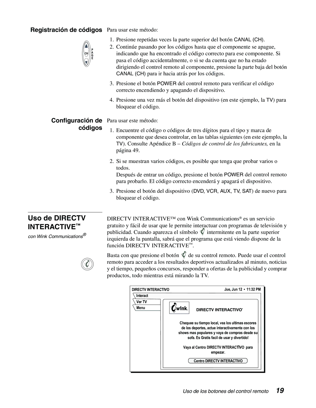 DirecTV GAEB0, GCEB0 manual Uso de Directv Interactive, Registración de códigos, Directv Interactivotm 