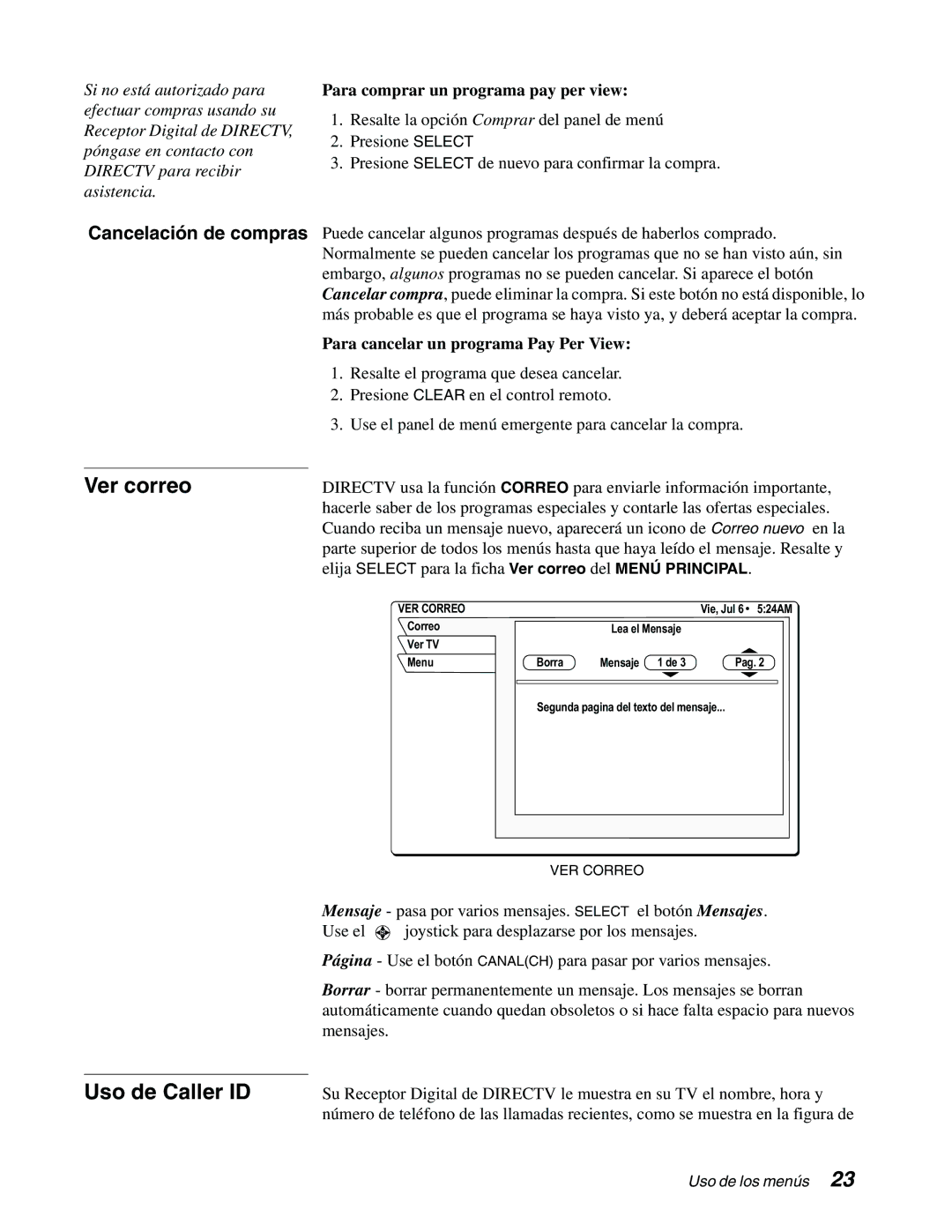 DirecTV GAEB0, GCEB0 manual Ver correo, Uso de Caller ID, Cancelación de compras, Para comprar un programa pay per view 