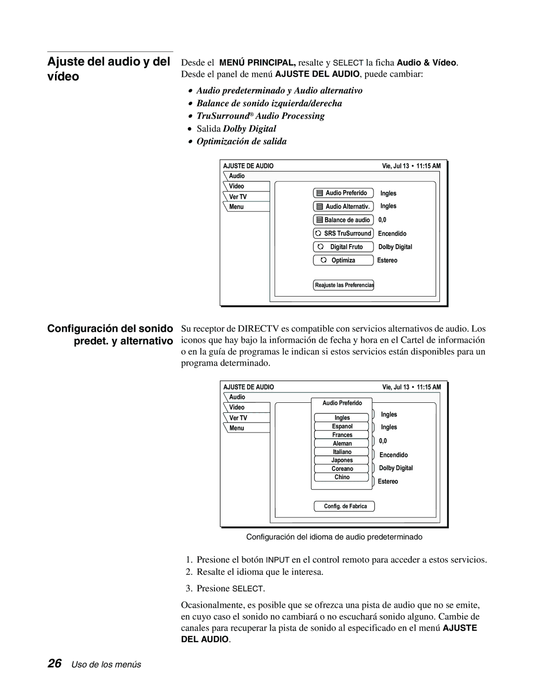 DirecTV GCEB0, GAEB0 manual Ajuste del audio y del vídeo, Ajuste DE Audio 