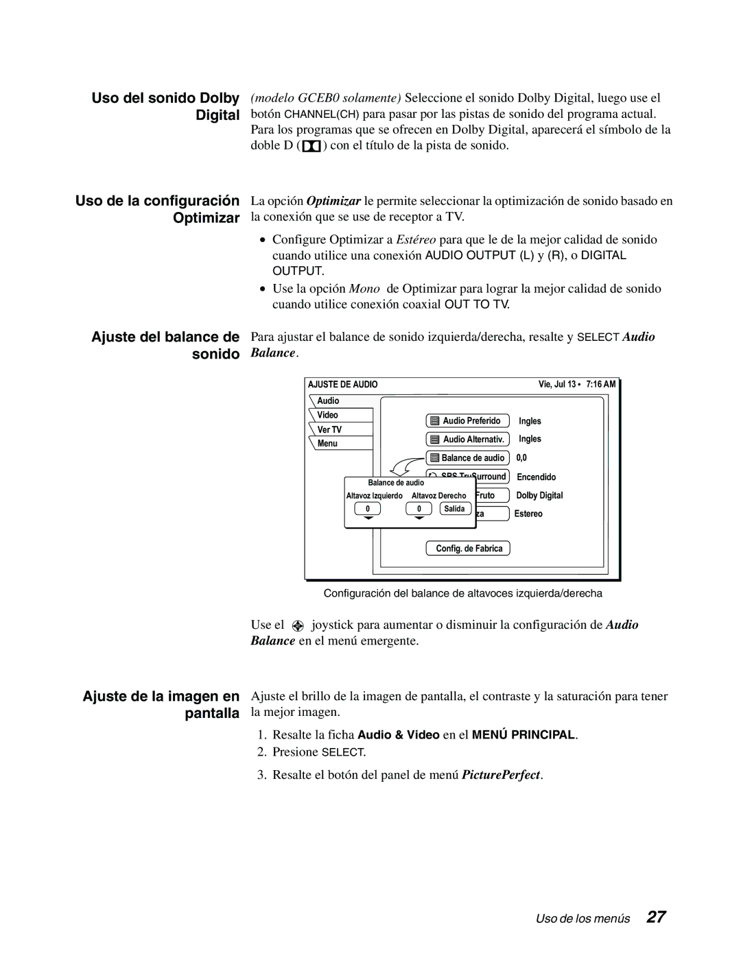 DirecTV GAEB0, GCEB0 manual Ajuste de la imagen en pantalla 