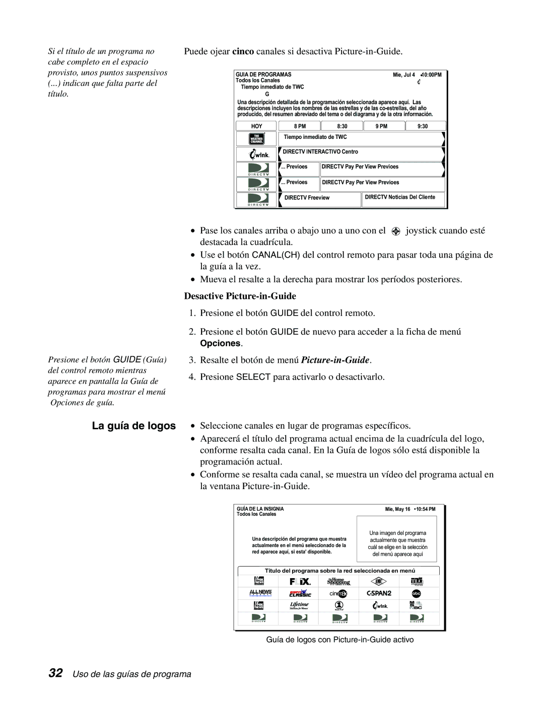 DirecTV GCEB0, GAEB0 manual Puede ojear cinco canales si desactiva Picture-in-Guide, Desactive Picture-in-Guide 