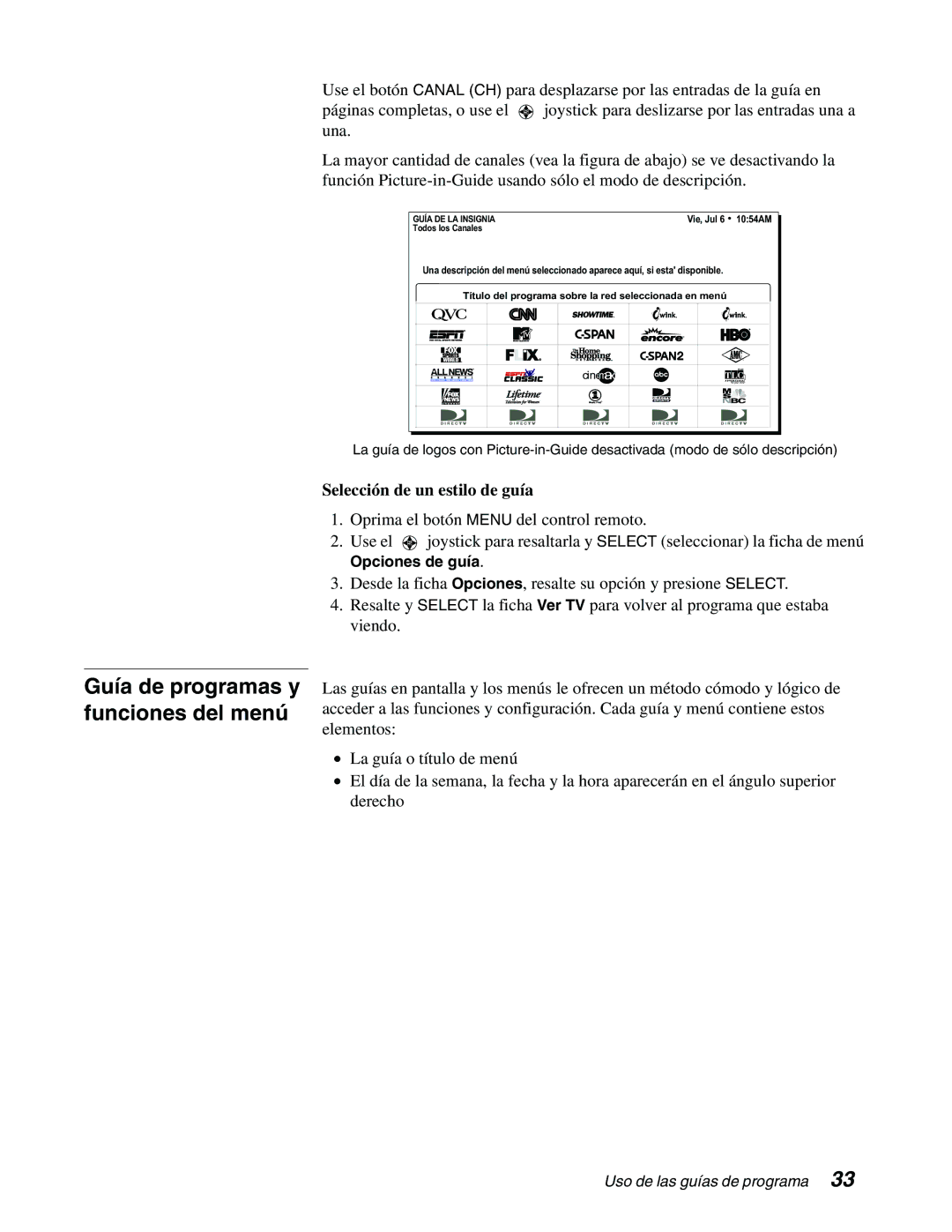 DirecTV GAEB0, GCEB0 manual Guía de programas y funciones del menú, Selección de un estilo de guía 