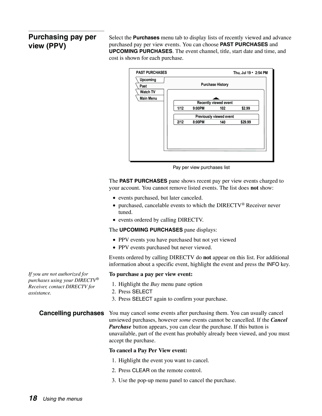 DirecTV GCEB0A, GAEB0A Purchasing pay per view PPV, Cancelling purchases, To purchase a pay per view event, Past Purchases 