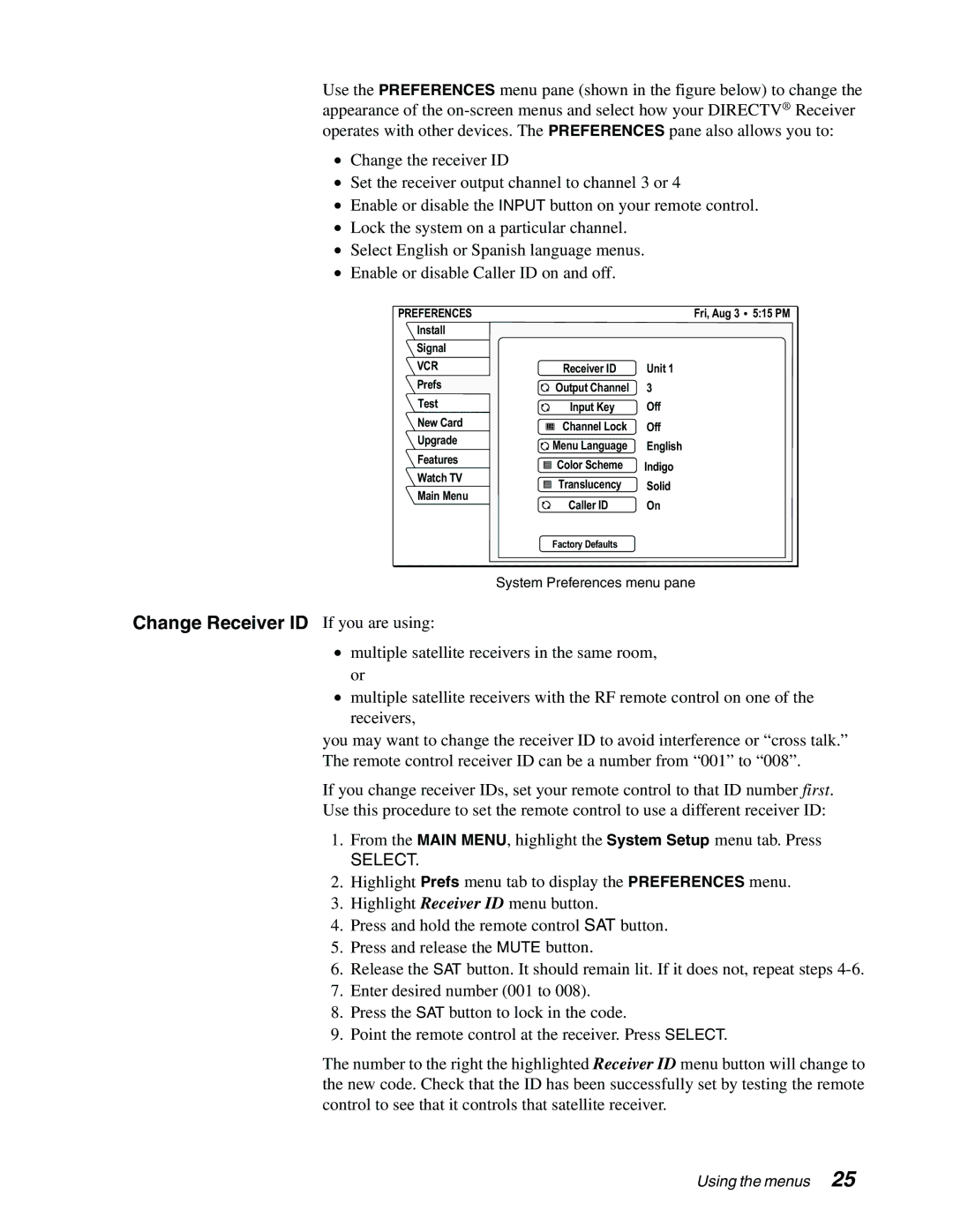 DirecTV GAEB0A, GCEB0A manual Change Receiver ID If you are using, Preferences 