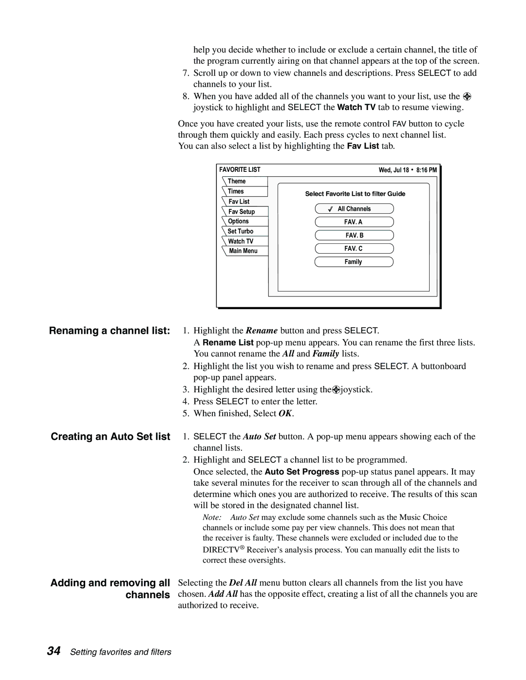 DirecTV GCEB0A, GAEB0A manual Favorite List, FAV. a, Fav. C 