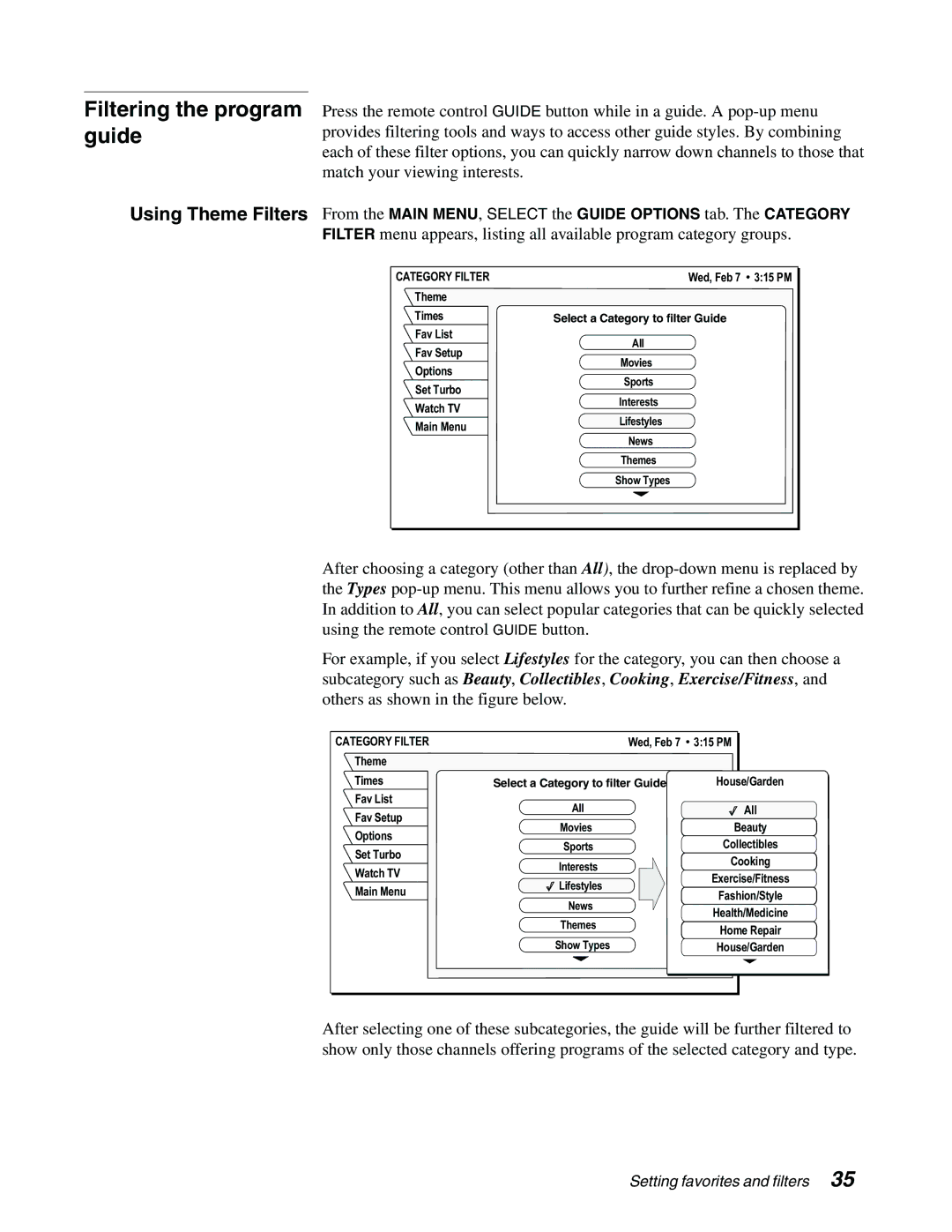 DirecTV GAEB0A, GCEB0A manual Filtering the program guide, Category Filter 