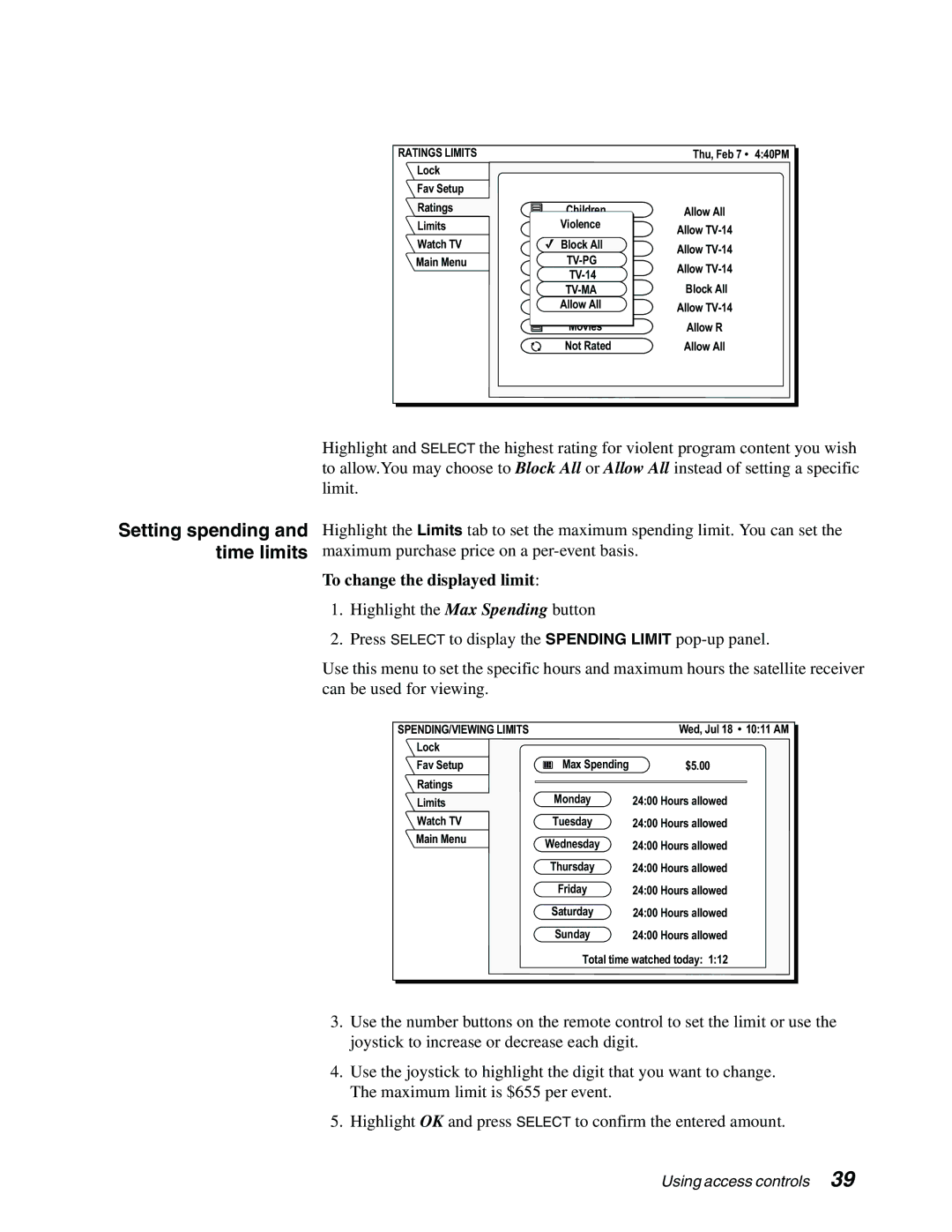 DirecTV GAEB0A, GCEB0A manual Setting spending and time limits, To change the displayed limit, Tv-Pg, Tv-Ma 