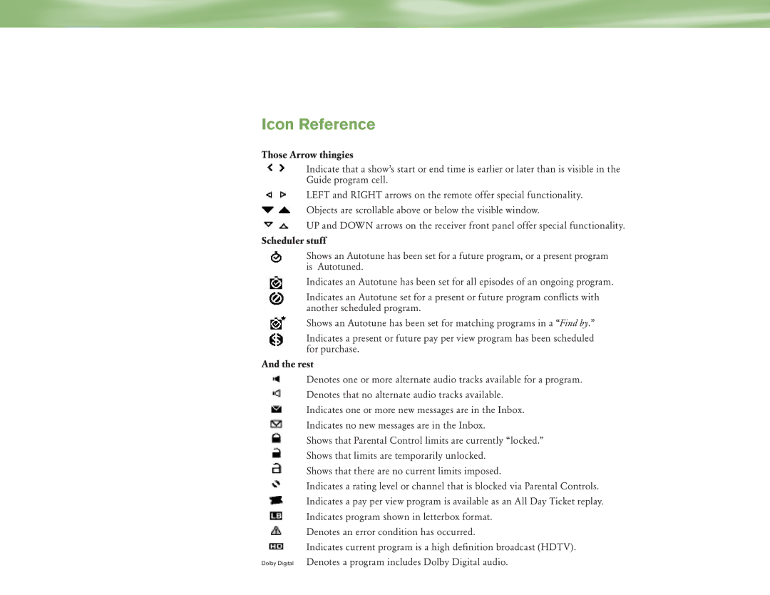 DirecTV H10 manual Icon Reference, Those Arrow thingies 