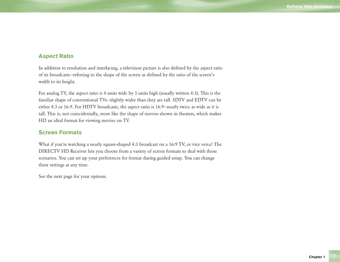 DirecTV H10 manual Aspect Ratio, Screen Formats 