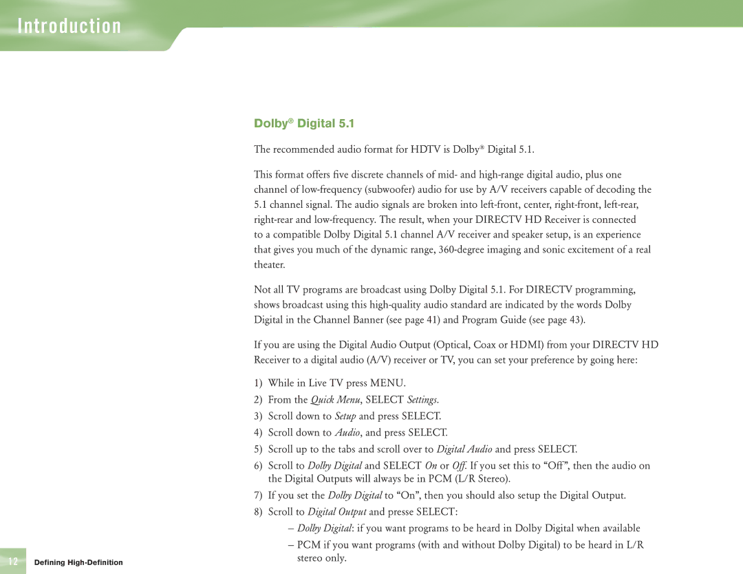 DirecTV H10 manual Recommended audio format for Hdtv is Dolby Digital 