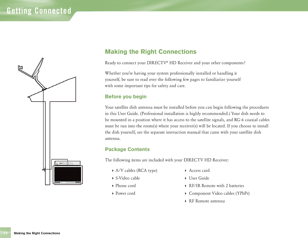 DirecTV H10 manual Making the Right Connections, Before you begin Package Contents 