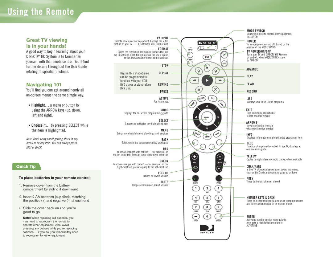 DirecTV H10 manual Using the Remote 