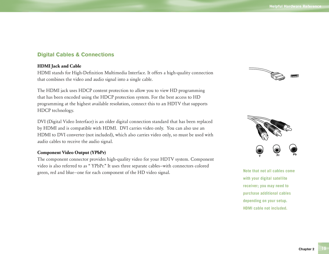 DirecTV H10 manual Digital Cables & Connections, Hdmi Jack and Cable, Component Video Output YPbPr 