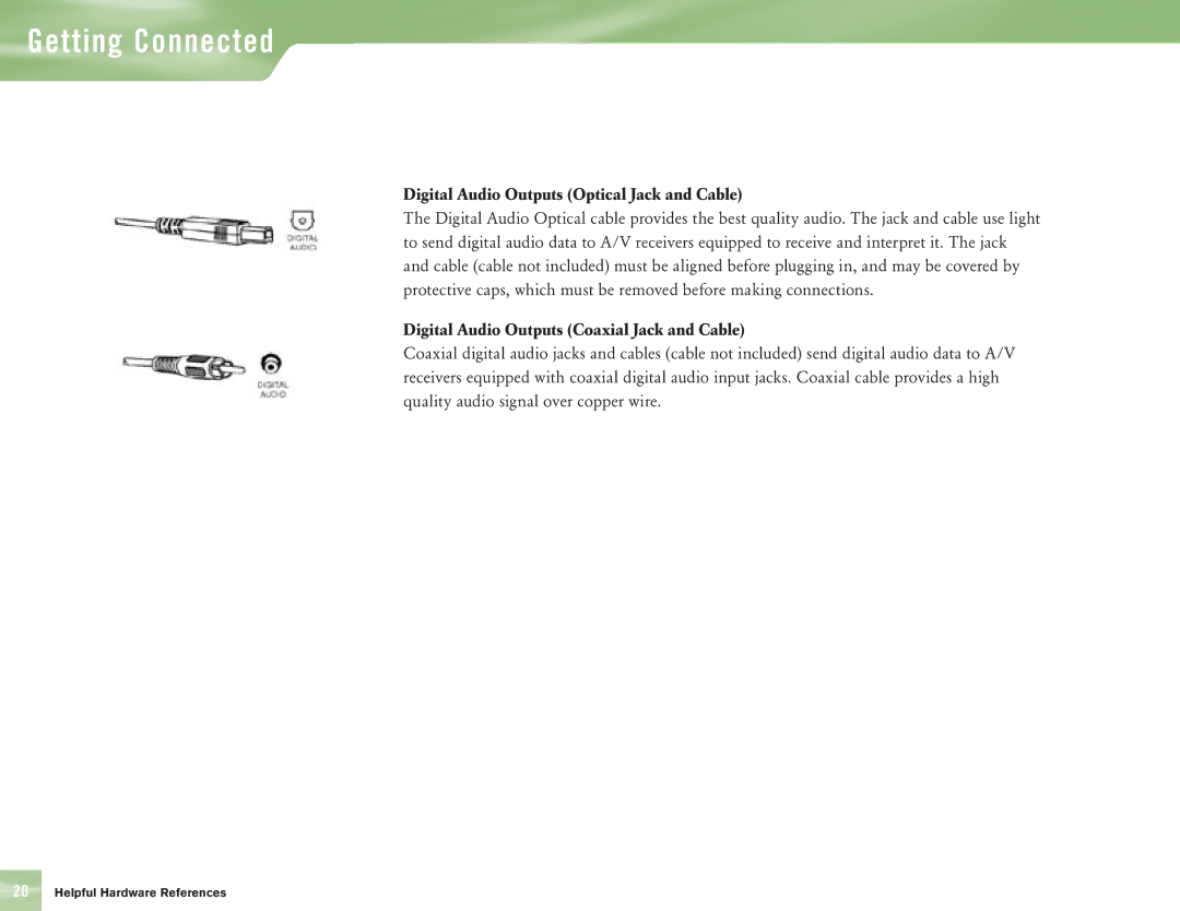 DirecTV H10 manual Digital Audio Outputs Optical Jack and Cable, Digital Audio Outputs Coaxial Jack and Cable 