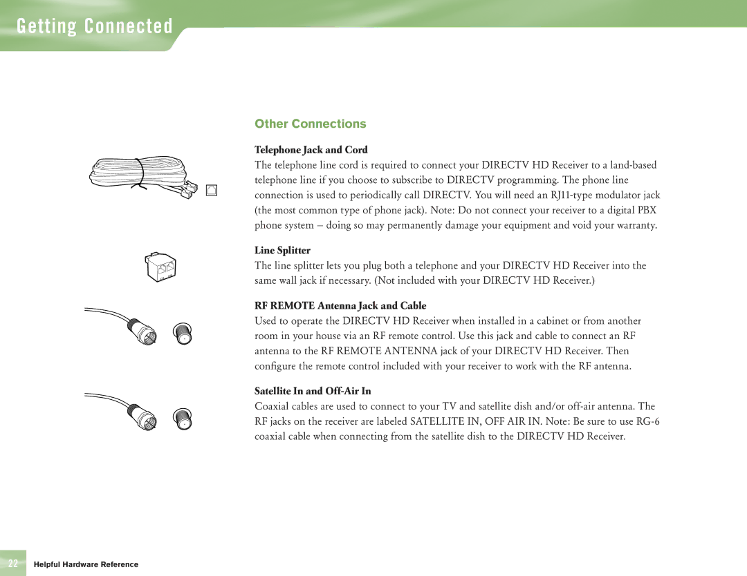 DirecTV H10 manual Other Connections, Telephone Jack and Cord, Line Splitter, RF Remote Antenna Jack and Cable 