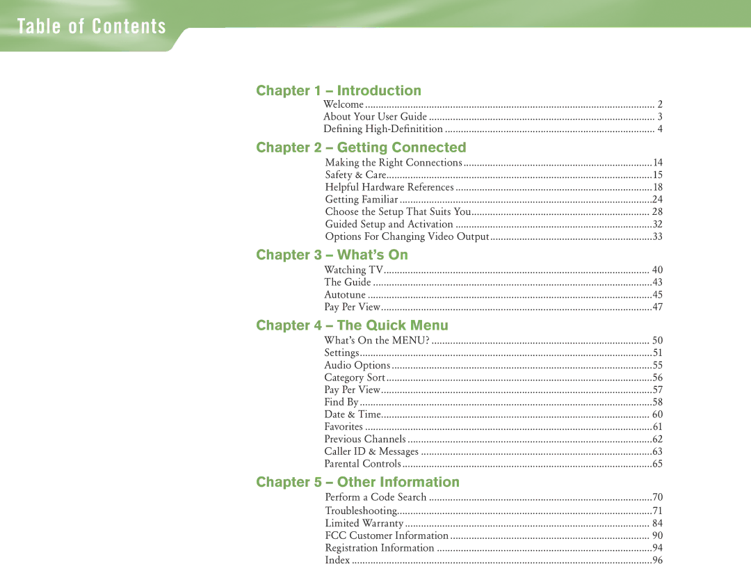 DirecTV H10 manual Table of Contents 