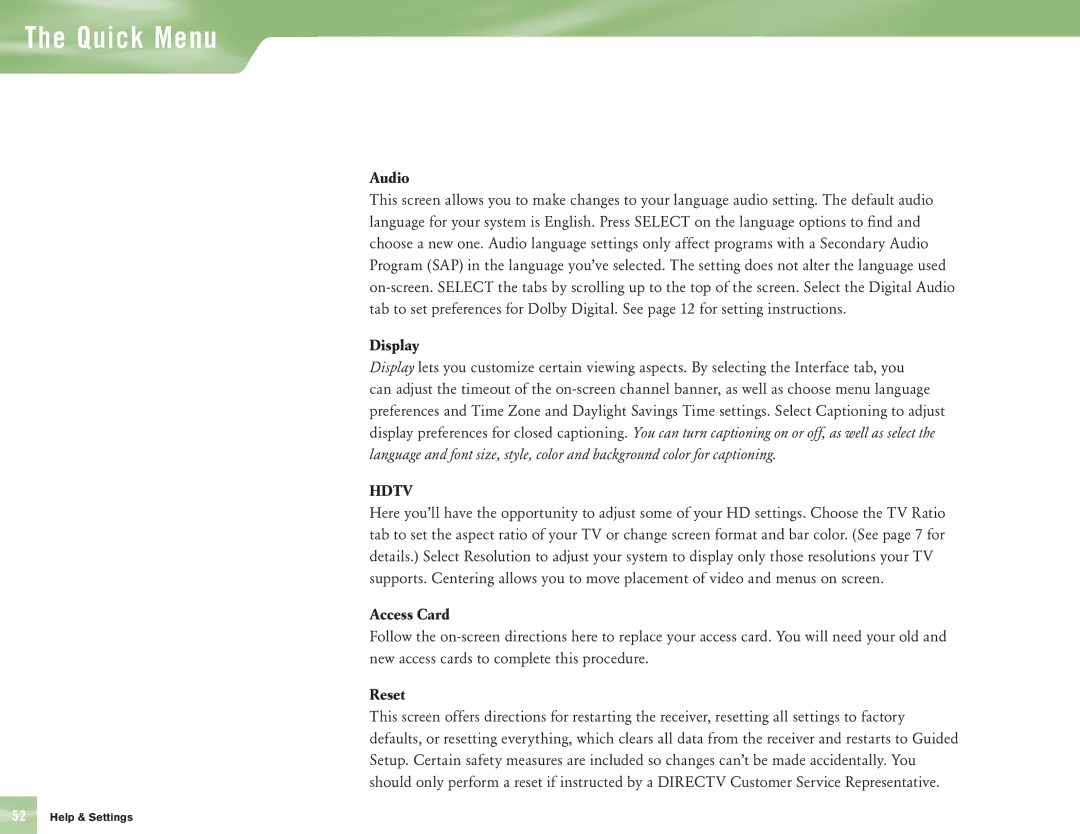 DirecTV H10 manual Audio, Display, Reset 