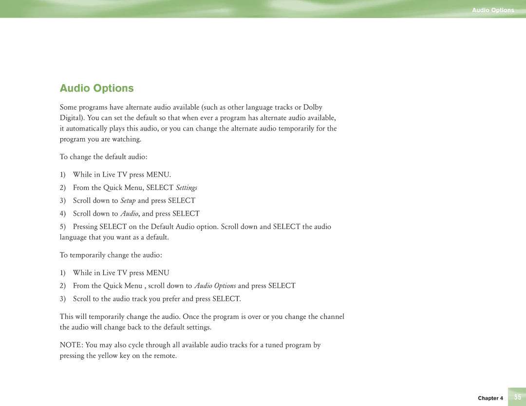 DirecTV H10 manual Audio Options 