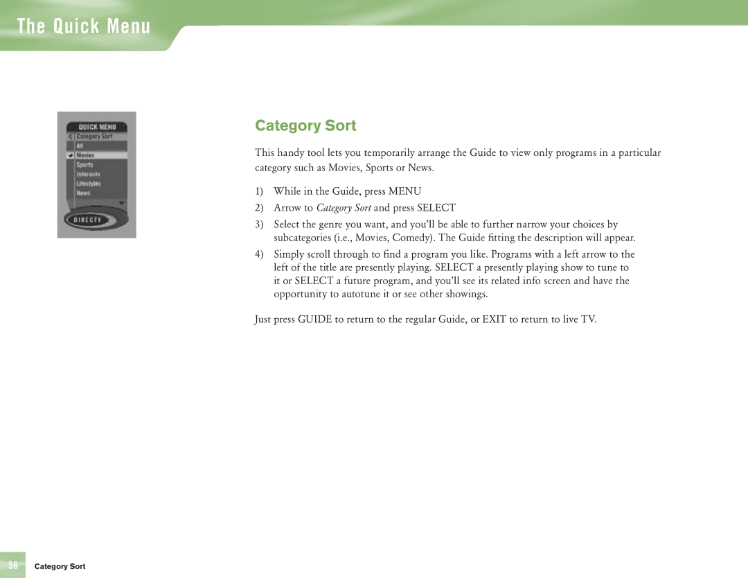 DirecTV H10 manual Category Sort 