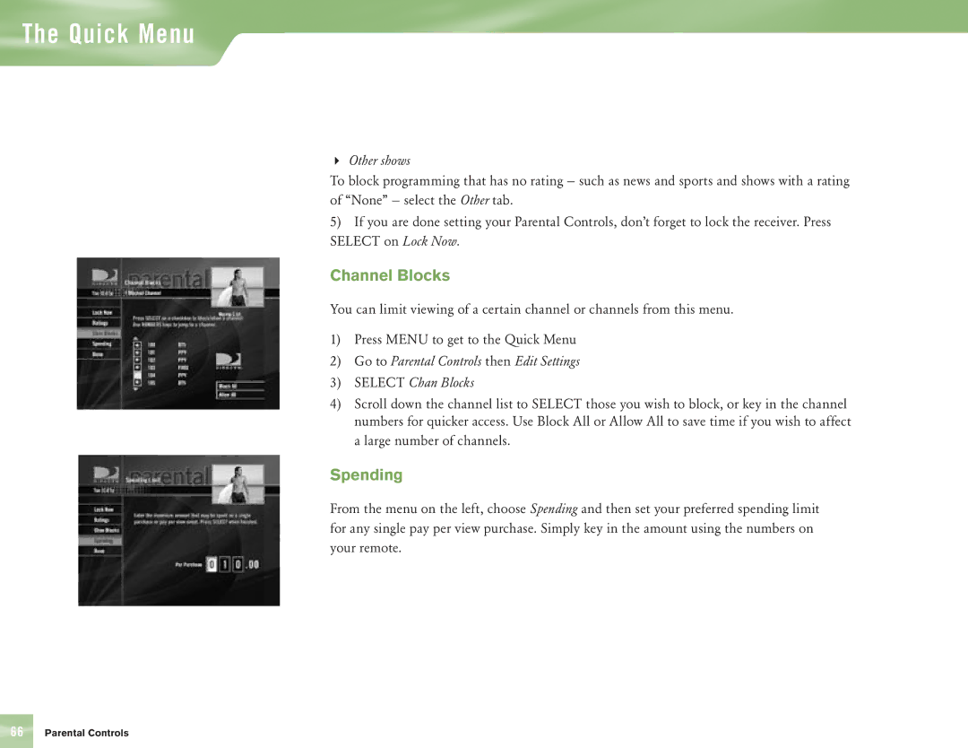 DirecTV H10 manual Channel Blocks, Spending 