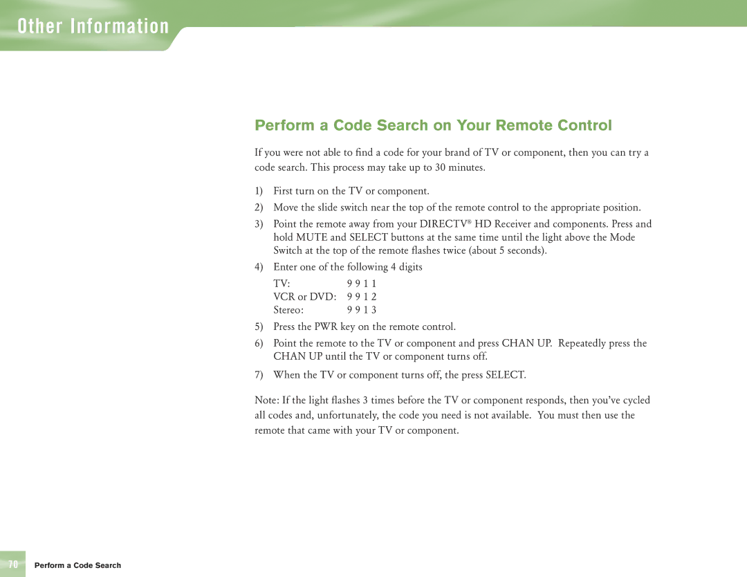 DirecTV H10 manual Other Information, Perform a Code Search on Your Remote Control 