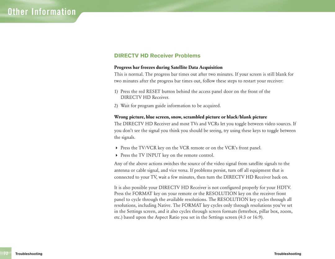 DirecTV H10 manual Directv HD Receiver Problems, Progress bar freezes during Satellite Data Acquisition 